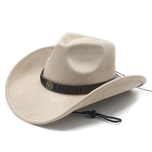 Unisex beige faux suede cowboy hat with vintage bull head emblem and adjustable chin strap