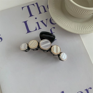 Detail of elegant black hair claw clip featuring golden rimmed shell ornaments on magazine