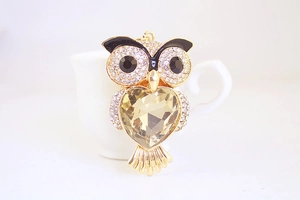 Detailed view of owl keychain with champagne heart crystal and sparkling rhinestones