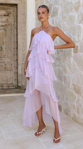 Detail of lavender tiered ruffle high-low chiffon dress with halter neck design