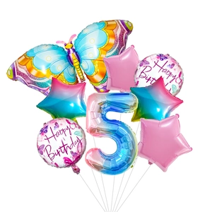 Detail of butterfly birthday balloon set with gradient number 5 and star foil accents