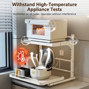 White 2-tier pull-out kitchen appliance rack for microwave and rice cooker storage
