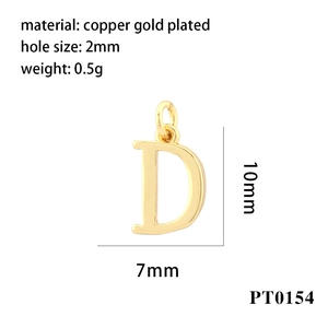 Detailed view of a gold-plated letter D pendant with measurements and specifications