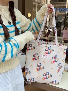 Corduroy Tote Bag Women Large Capacity Shoulder Bag Casual Keep Smiling Letter Print Canvas Lining Aesthetic For Students