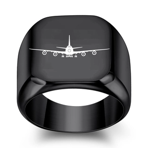 Men's matte black titanium steel signet ring with a minimalist white airplane icon