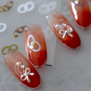 Exquisite marble texture nail stickers with silver bow, pearls, and rhinestones décor