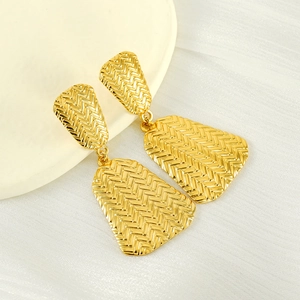 Elegant 18K gold-plated stainless steel long earrings with geometric woven texture