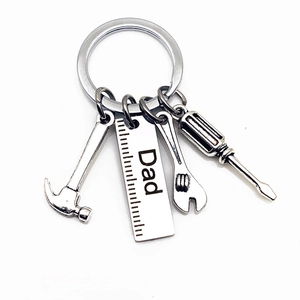 Stainless steel Father's Day keychain with mini hammer, wrench and Dad ruler pendant