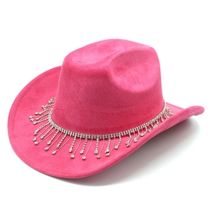 Chapeau de cowboy fuchsia en daim avec franges de strass pour mariages et festivals