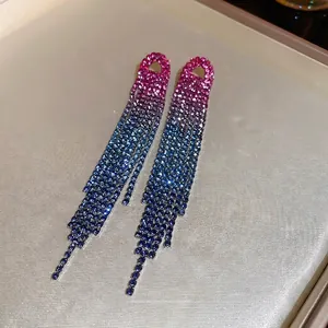 Sparkling crystal drop tassel earrings with purple and blue gradient rhinestone design