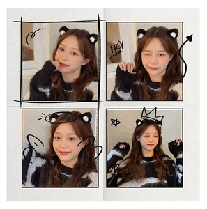 Detailed views of cute plush animal ear hair clips with white dots worn by a model