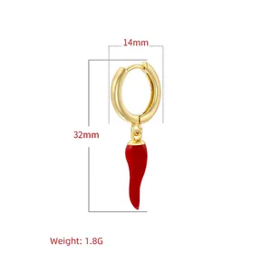 Fashionable gold S-shaped earrings with red chili drop pendants and enamel finish