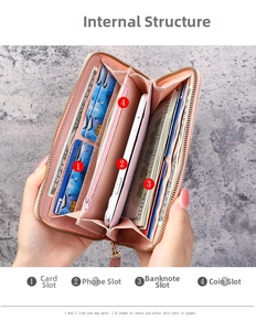 Internal view showing card slots, phone pocket and zip pouch in a pink long wallet