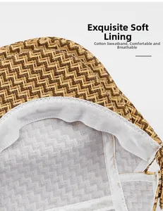 Detail of woven straw hat featuring soft cotton sweatband and breathable mesh lining