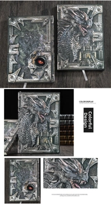 Macro shot of 3D dragon scale texture and realistic dragon eye on embossed notebook