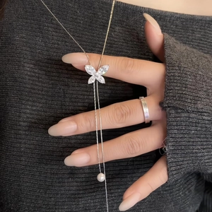 Butterfly Y-Shape Necklace Cubic Zirconia And Artificial Pearl Copper Long Clavicle Chain Jewelry For Women Elegant