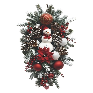 Christmas teardrop swag with snowman, pine cones and red ornaments on white background
