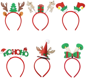 Set of six festive Christmas headbands with reindeer antlers, trees and elf motifs