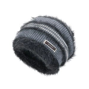 Winter warm knitted grey hat with black faux fur trim and JOYLORD woven label decoration
