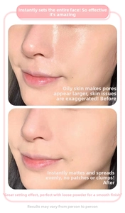 Before and After comparison showing oil-control matte finish on skin using powder puff