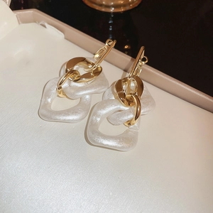 Detail of gold metal chain and white pearlescent acrylic square link geometric earrings