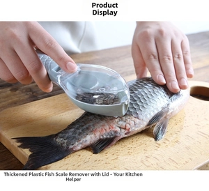 Thickened plastic fish scaler with transparent cover used on a fresh fish over a board