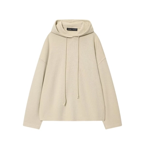 Women's oatmeal knitted hoodie and wide-leg pants set in high-density cotton fabric