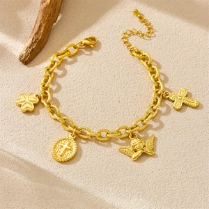 Gold-plated stainless steel thick chain bracelet with cross and angel pendants