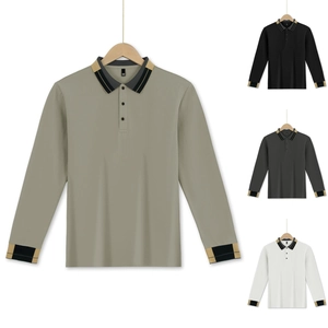 Men's Long Sleeve Polo Shirt Waffle Knit Contrast Stripe Collar Button Down Business Casual Fashion Tops