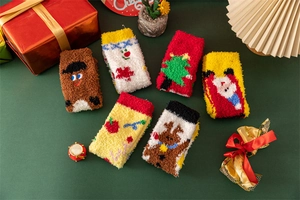 Detail of six pairs of Christmas coral fleece socks with embroidered festive patterns