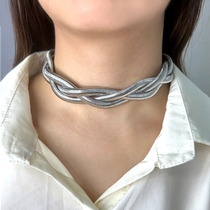 Vintage silver woven stainless steel choker necklace for women on neck model