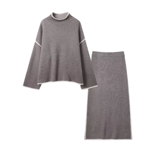 Women Knit Mock Neck Sweater And Midi Skirt Contrast Trim Ribbed Long Sleeve Drop Shoulder Streetwear Outfit