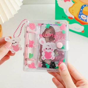 Mini transparent PVC binder photo album with cute bunny pendant and pink rings