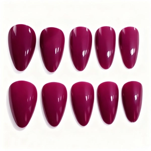 Glossy deep rose red almond shaped press-on nails set on a clean white background