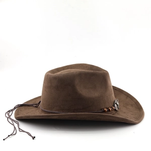 Detail of brown felt cowboy hat with beaded cord and decorative metal skull ornament