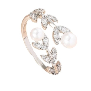 Elegant rose gold leaf open ring with micro-pave zircons and dual white pearls