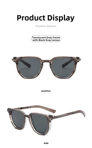 Front and side view of square sunglasses with transparent grey frames and grey lenses