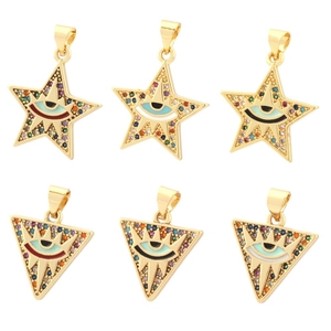Star and triangle pendants with colorful cubic zirconia and evil eye enamel charms