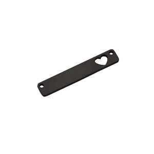 Close-up of black metal rectangular pendant featuring heart cutout and dual holes