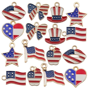 Assorted American flag enamel charms in heart, star, and bow shapes on white background