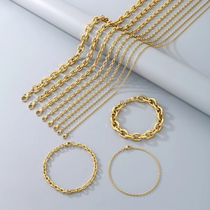 Golden stainless steel O-chain necklace and bracelet set displayed on geometric props