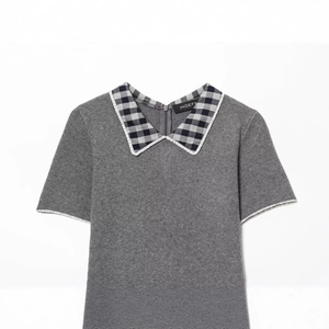 Short sleeve grey knit dress featuring contrast plaid collar and back invisible zipper