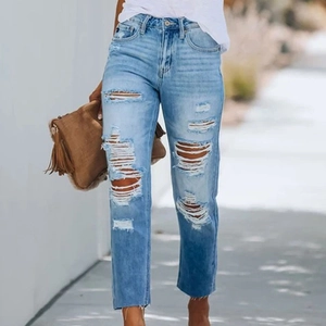 Damen Distressed Ripped Denim Jeans Slim Fit Ausgefranster Saum Mittlere Taille Casual Streetwear