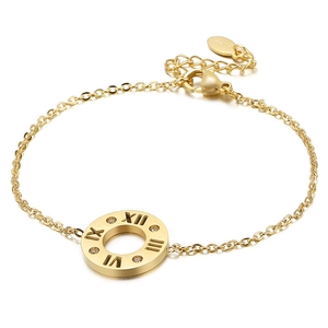 Gold stainless steel bracelet with Roman numeral hollow charm and sparkling zircon stones