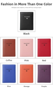 Multiple colors of RFID passport holders including black, blue, and pink in PU leather