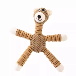 Brown squeaky plush dog toy with corduroy texture and long limbs for fetching and chewing