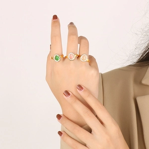 Fashionable gold plated stainless steel ring with oval rhinestone and colorful natural stone