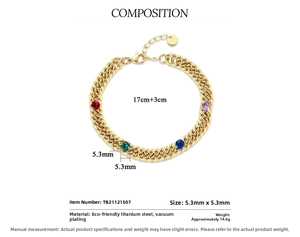 Detail showing 17cm gold Cuban chain with colorful zircons and 3cm extension link
