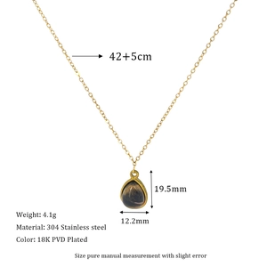 Detail of 18K gold-plated stainless steel necklace with teardrop tiger eye stone and size specs