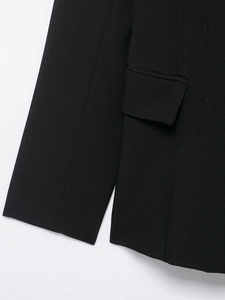Close-up of black blazer sleeve and pocket showing high-quality twill fabric texture